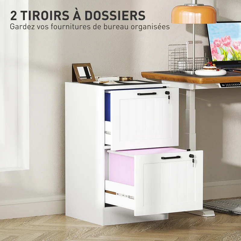 Caisson de bureau 40 x 40 x 71 cm 2 tiroirs verrouillables pour dossiers support imprimante moderne épuré en MDF blanc 21_0006401