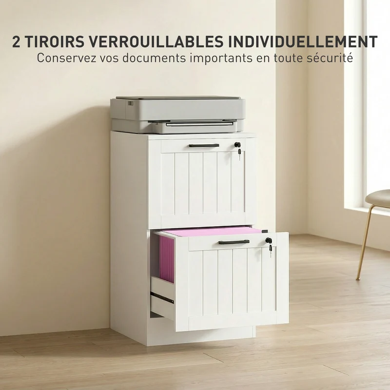 Caisson de bureau 40 x 40 x 71 cm 2 tiroirs verrouillables pour dossiers support imprimante moderne épuré en MDF blanc 21_0006401