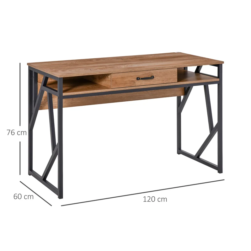 Bureau industriel pour étude 120 x 60 x 76 cm avec tiroir et 2 niches rangement pratique style scandinave en MDF marron 21_0002469
