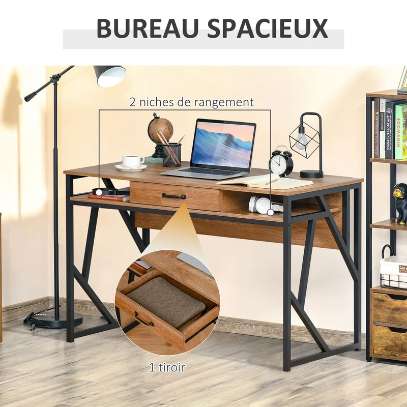 Bureau industriel pour étude 120 x 60 x 76 cm avec tiroir et 2 niches rangement pratique style scandinave en MDF marron 21_0002469