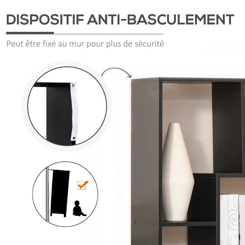 Bibliothèque zig zag salon séparateur 70 x 24 x 178 cm grand rangement contemporain élégant en panneau de particules noir 21_0002423