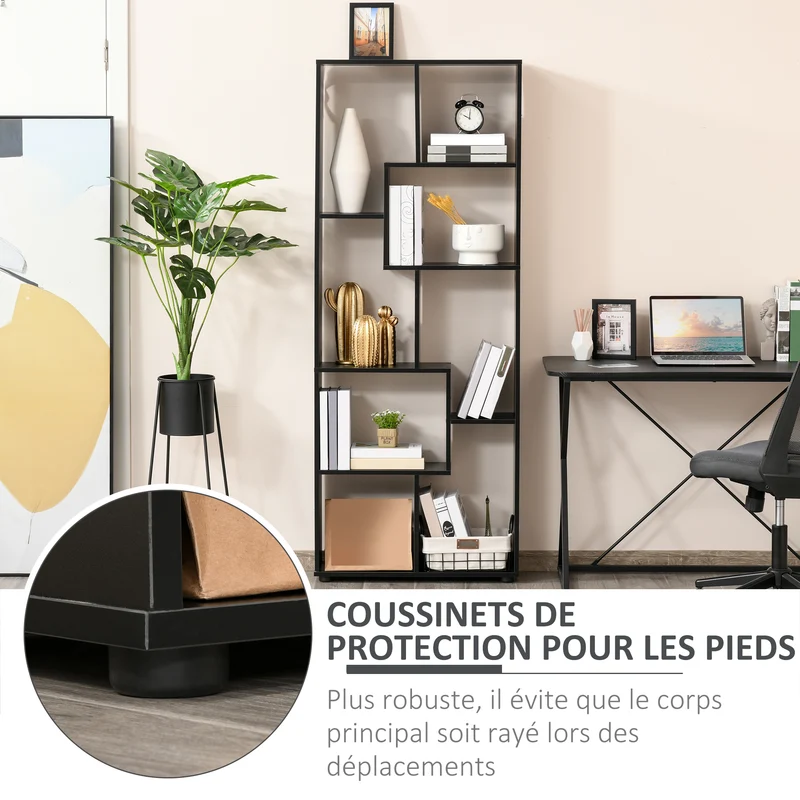 Bibliothèque zig zag salon séparateur 70 x 24 x 178 cm grand rangement contemporain élégant en panneau de particules noir 21_0002423