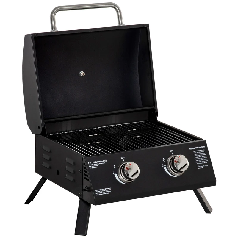 Barbecue de table compact 55 x 46,5 x 41 cm 2 brûleurs 5 kw thermomètre pieds pliables tendance épuré en acier noir 21_0004392