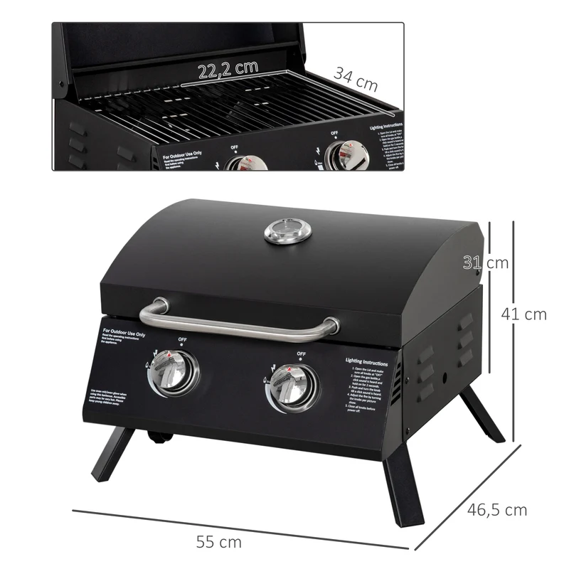 Barbecue de table compact 55 x 46,5 x 41 cm 2 brûleurs 5 kw thermomètre pieds pliables tendance épuré en acier noir 21_0004392