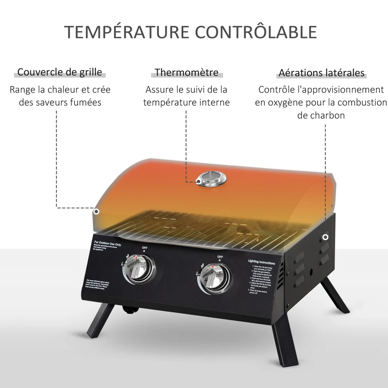 Barbecue de table compact 55 x 46,5 x 41 cm 2 brûleurs 5 kw thermomètre pieds pliables tendance épuré en acier noir 21_0004392