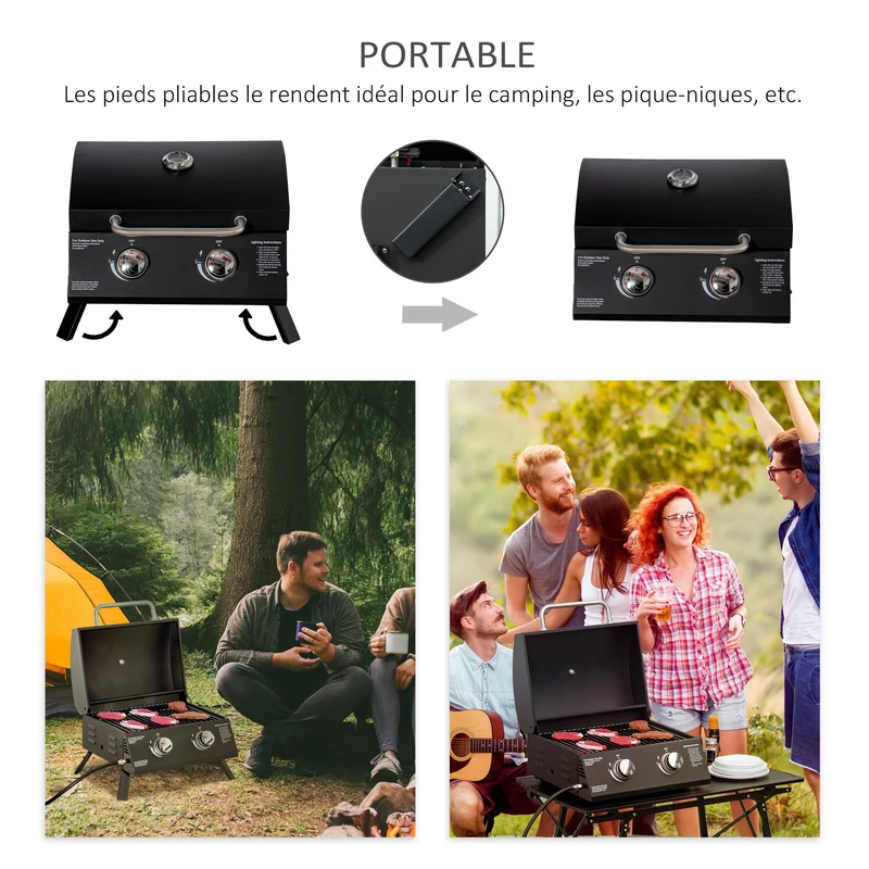 Barbecue de table compact 55 x 46,5 x 41 cm 2 brûleurs 5 kw thermomètre pieds pliables tendance épuré en acier noir 21_0004392