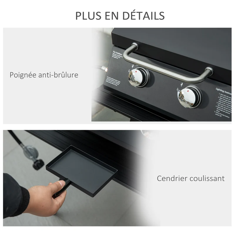 Barbecue de table compact 55 x 46,5 x 41 cm 2 brûleurs 5 kw thermomètre pieds pliables tendance épuré en acier noir 21_0004392