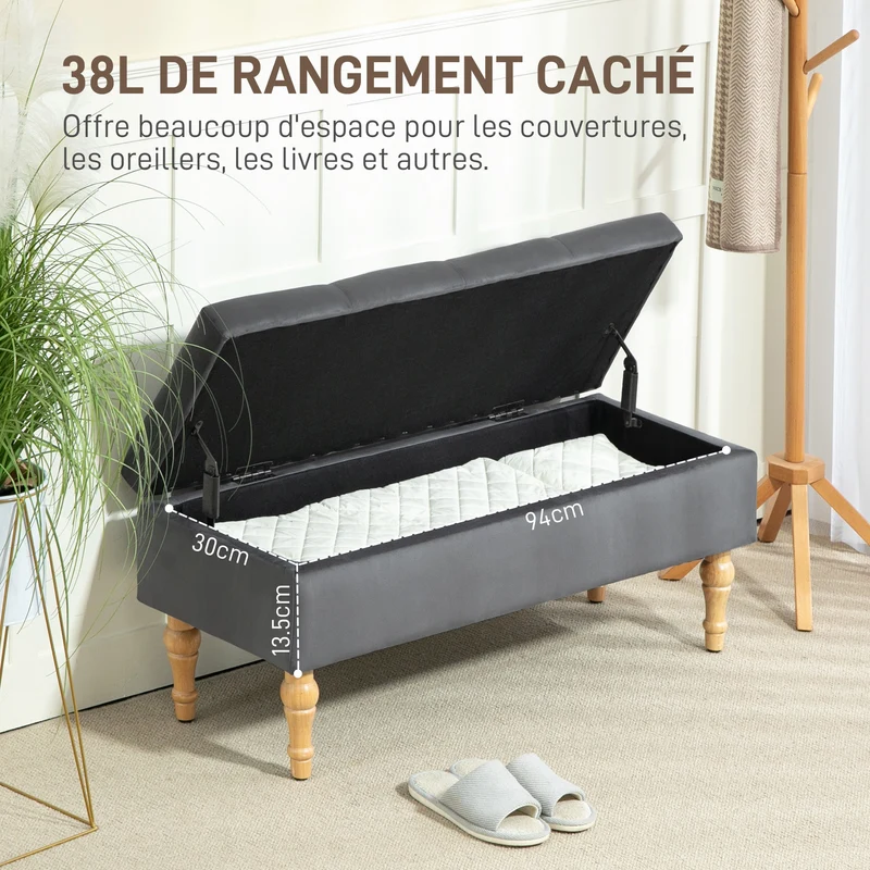 Banquette coffre 102 x 38 x 41 cm 38 l assise capitonnée style scandinave moderne ambiance cosy en velours gris foncé 21_0002952
