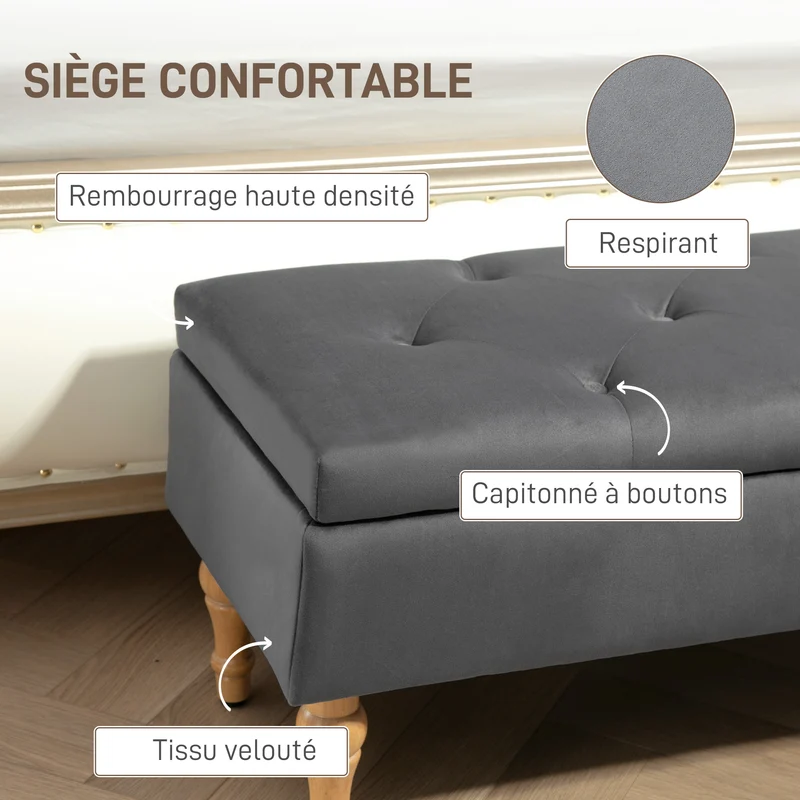 Banquette coffre 102 x 38 x 41 cm 38 l assise capitonnée style scandinave moderne ambiance cosy en velours gris foncé 21_0002952