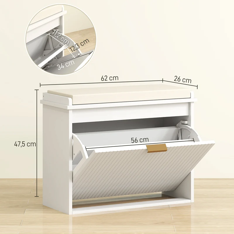 Banc de rangement pour entrée et couloir 62 x 26 x 47.5 cm assise rembourrée tiroir basculant moderne épuré en MDF blanc 21_0002738