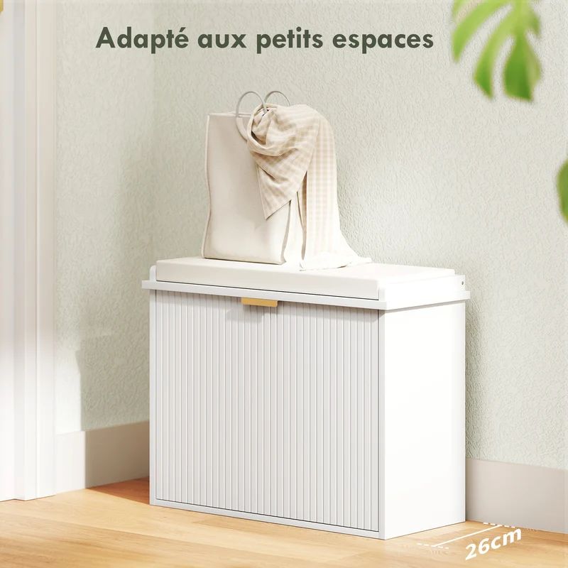 Banc de rangement pour entrée et couloir 62 x 26 x 47.5 cm assise rembourrée tiroir basculant moderne épuré en MDF blanc 21_0002738
