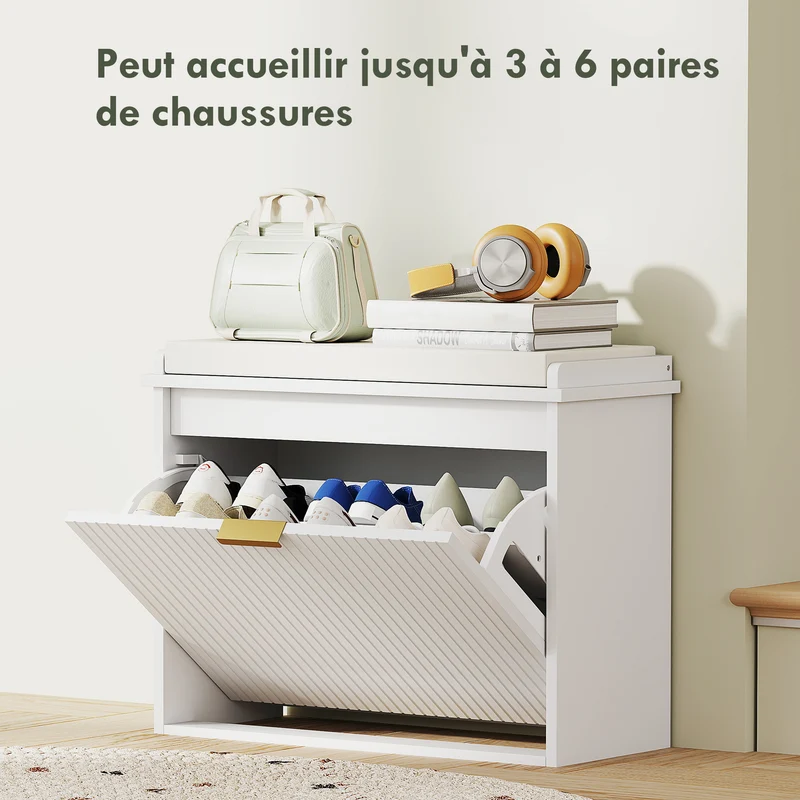 Banc de rangement pour entrée et couloir 62 x 26 x 47.5 cm assise rembourrée tiroir basculant moderne épuré en MDF blanc 21_0002738