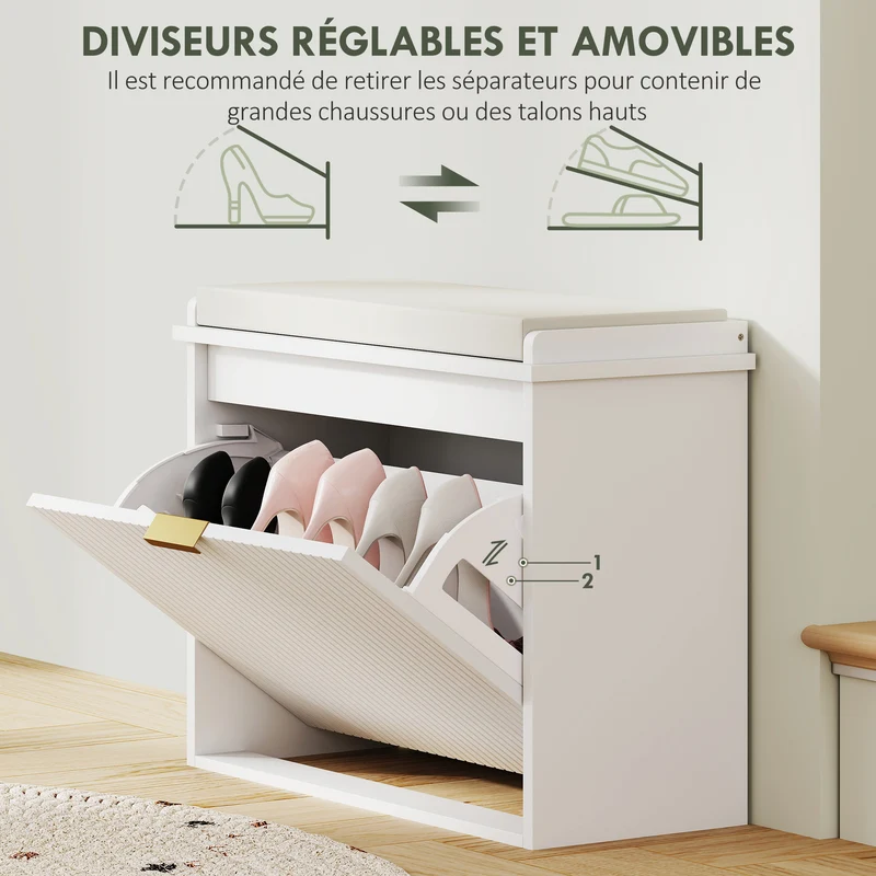 Banc de rangement pour entrée et couloir 62 x 26 x 47.5 cm assise rembourrée tiroir basculant moderne épuré en MDF blanc 21_0002738