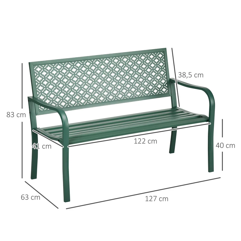 Banc de jardin extérieur 127 x 63 x 83 cm 2 places accoudoirs spacieux dossier fleuri style moderne en acier vert foncé 21_0005144