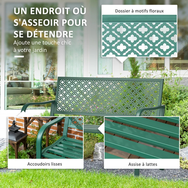 Banc de jardin extérieur 127 x 63 x 83 cm 2 places accoudoirs spacieux dossier fleuri style moderne en acier vert foncé 21_0005144