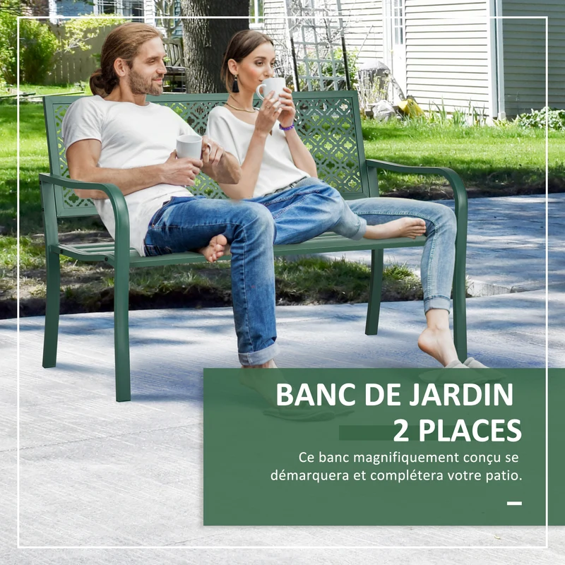 Banc de jardin extérieur 127 x 63 x 83 cm 2 places accoudoirs spacieux dossier fleuri style moderne en acier vert foncé 21_0005144