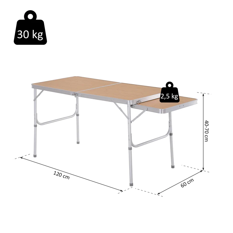 Table pliante valise camping 120 x 60 x 70 cm pour 6 personnes hauteur réglable plateau rallonge design en MDF beige 21_0004628