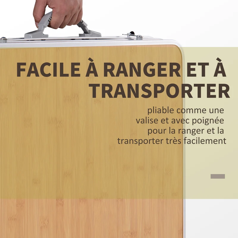 Table pliante valise camping 120 x 60 x 70 cm pour 6 personnes hauteur réglable plateau rallonge design en MDF beige 21_0004628