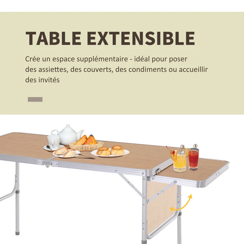 Table pliante valise camping 120 x 60 x 70 cm pour 6 personnes hauteur réglable plateau rallonge design en MDF beige 21_0004628