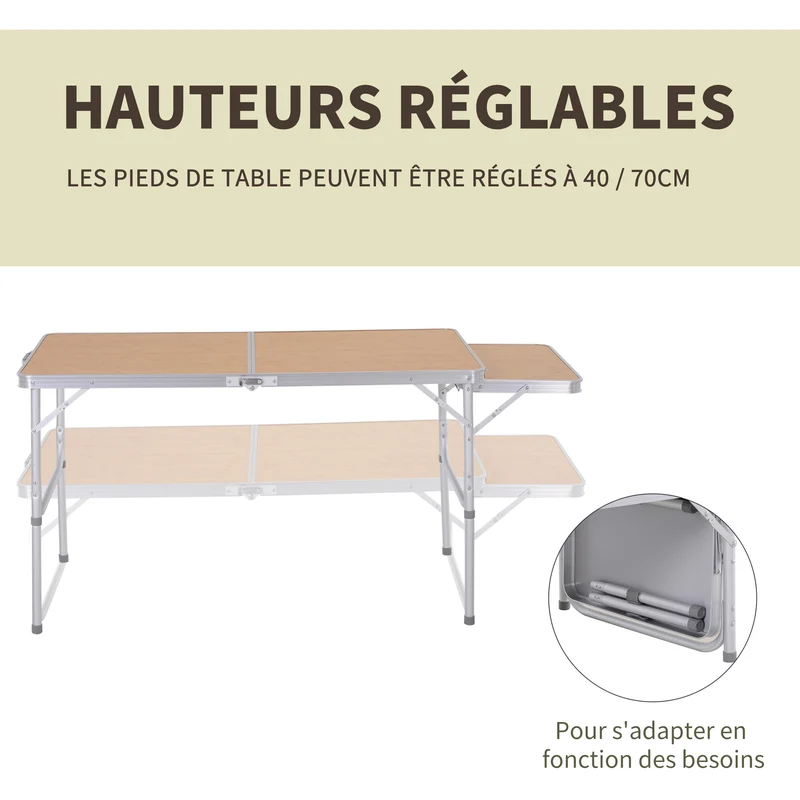 Table pliante valise camping 120 x 60 x 70 cm pour 6 personnes hauteur réglable plateau rallonge design en MDF beige 21_0004628