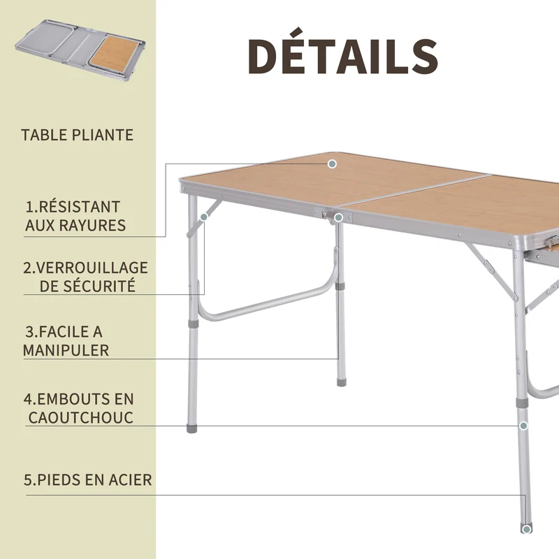 Table pliante valise camping 120 x 60 x 70 cm pour 6 personnes hauteur réglable plateau rallonge design en MDF beige 21_0004628