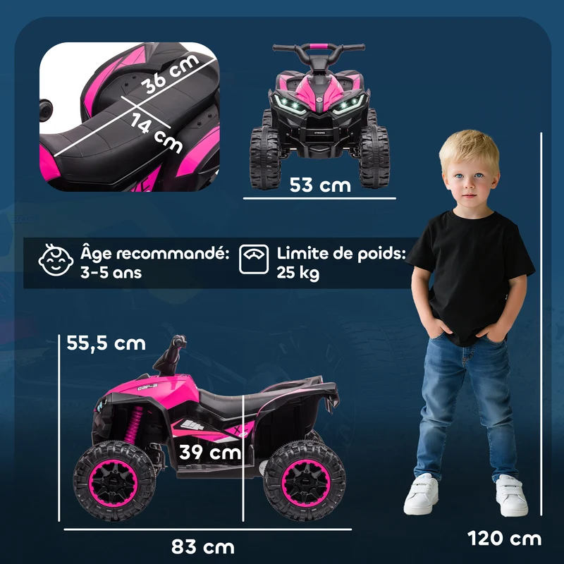 Quad électrique enfant extérieur 83 x 53 x 55.5 cm siège très ergonomique vitesse 6 km/h design contemporain en PP rose 21_0000520