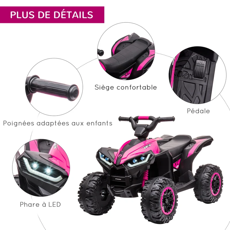 Quad électrique enfant extérieur 83 x 53 x 55.5 cm siège très ergonomique vitesse 6 km/h design contemporain en PP rose 21_0000520