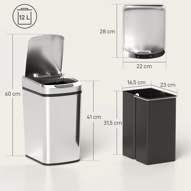 Poubelle de cuisine automatique 28 x 22 x 41 cm ouverture sans contact seau amovible moderne en acier inoxydable argent 21_0005949
