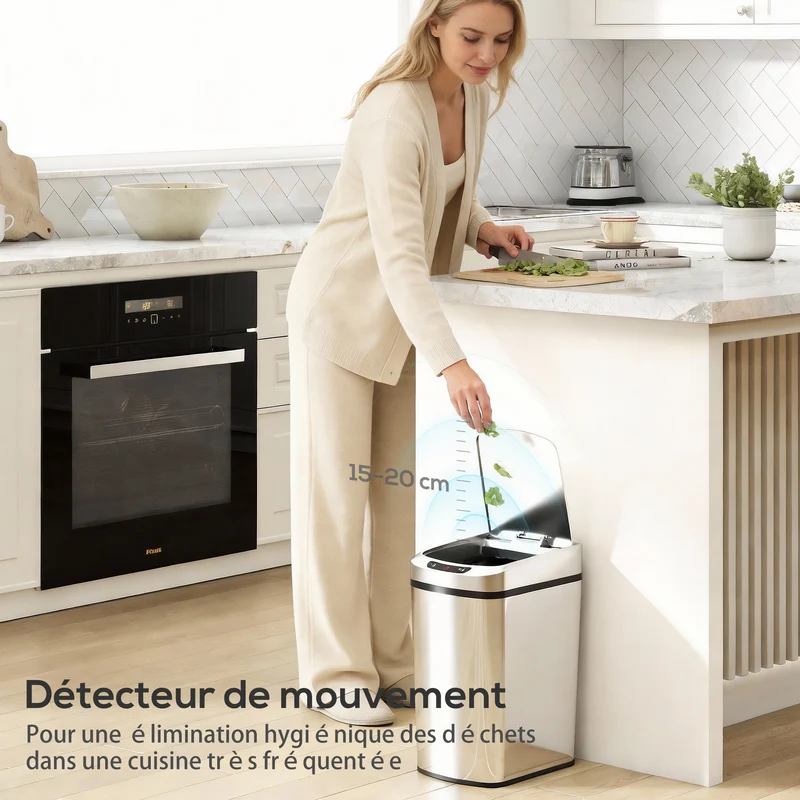 Poubelle de cuisine automatique 28 x 22 x 41 cm ouverture sans contact seau amovible moderne en acier inoxydable argent 21_0005949
