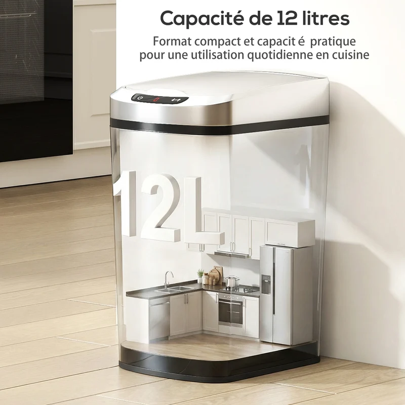 Poubelle de cuisine automatique 28 x 22 x 41 cm ouverture sans contact seau amovible moderne en acier inoxydable argent 21_0005949