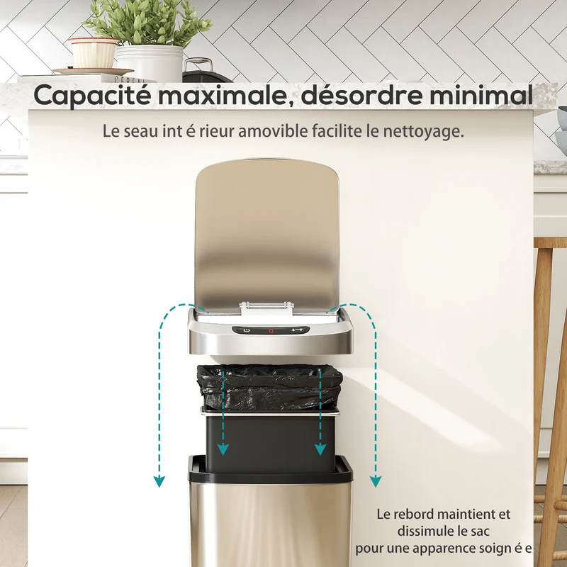 Poubelle de cuisine automatique 28 x 22 x 41 cm ouverture sans contact seau amovible moderne en acier inoxydable argent 21_0005949