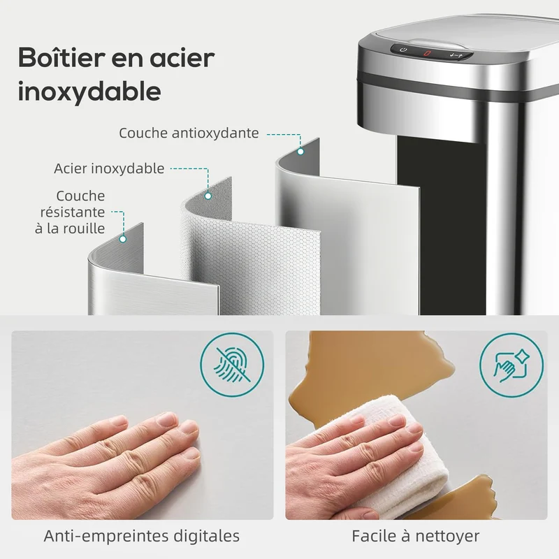Poubelle de cuisine automatique 28 x 22 x 41 cm ouverture sans contact seau amovible moderne en acier inoxydable argent 21_0005949