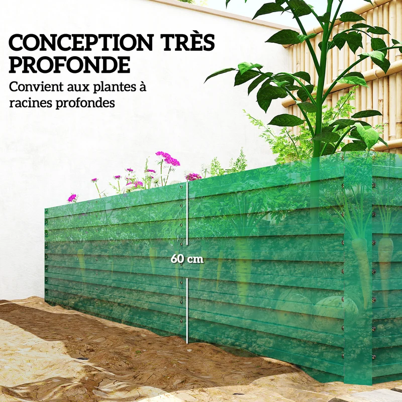 Potager surélevé rectangulaire jardin 240 x 120 x 60 cm fond ouvert favorise racines robuste stable design en acier vert 21_0005506