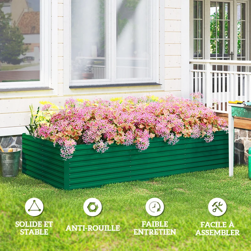 Potager surélevé rectangulaire jardin 240 x 120 x 60 cm fond ouvert favorise racines robuste stable design en acier vert 21_0005506