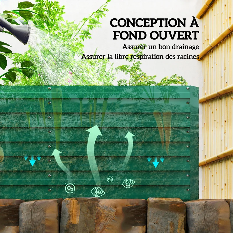 Potager surélevé rectangulaire jardin 240 x 120 x 60 cm fond ouvert favorise racines robuste stable design en acier vert 21_0005506