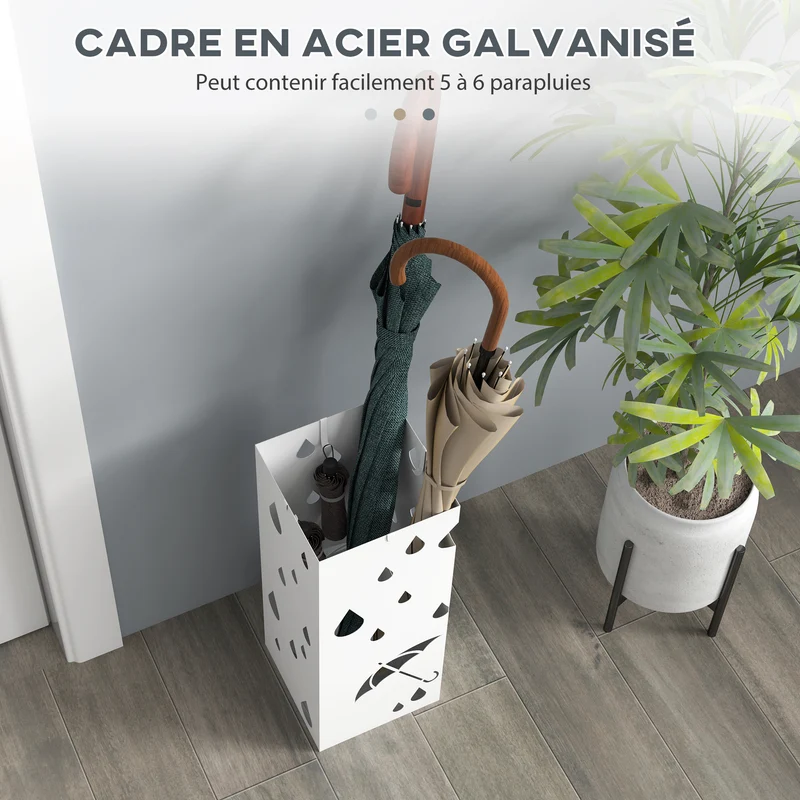 Porte-parapluie d'entrée carré 15.5 x 15.5 x 41 cm bac amovible 4 crochets décoratifs moderne en acier galvanisé blanc 21_0002700