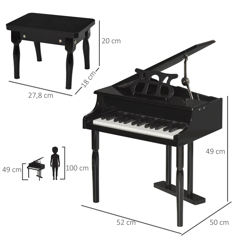 Piano à queue pour enfant 52 x 50 x 49 cm éveil musical tabouret et pupitre inclus design féminin compact en MDF noir 21_0008045