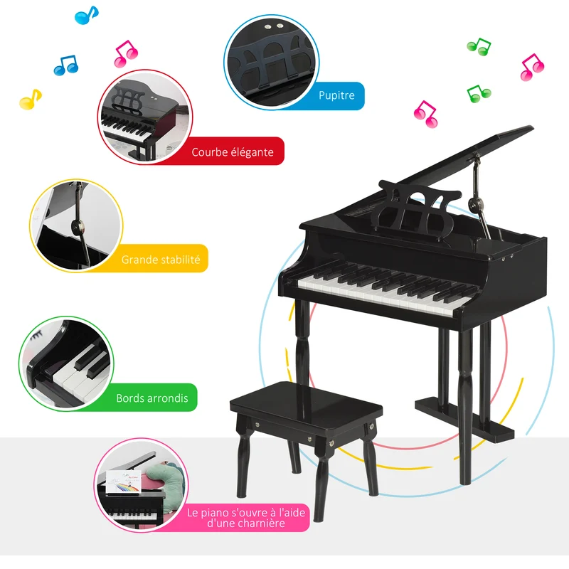 Piano à queue pour enfant 52 x 50 x 49 cm éveil musical tabouret et pupitre inclus design féminin compact en MDF noir 21_0008045