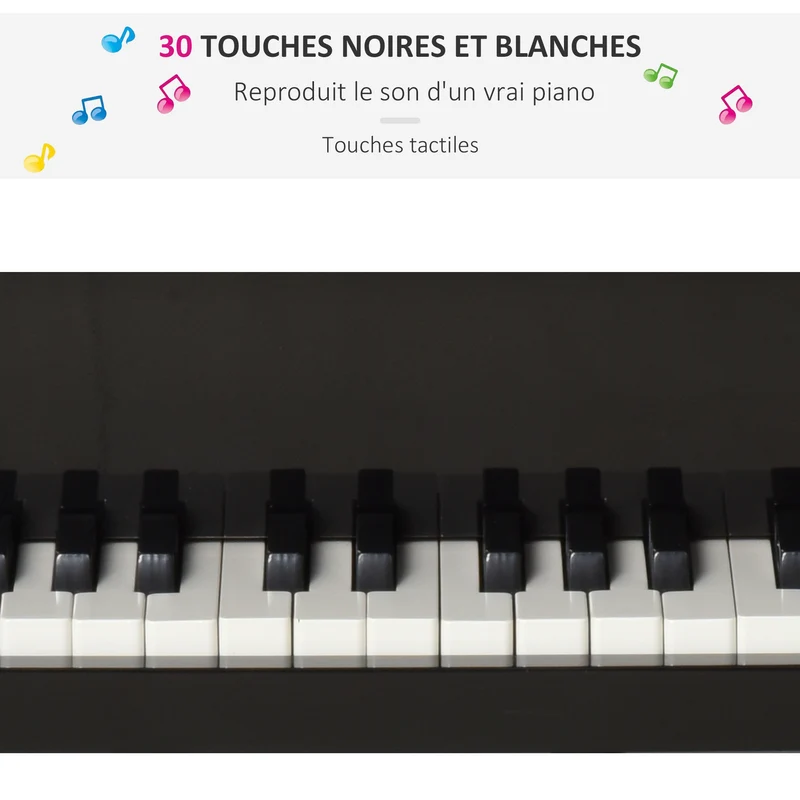 Piano à queue pour enfant 52 x 50 x 49 cm éveil musical tabouret et pupitre inclus design féminin compact en MDF noir 21_0008045