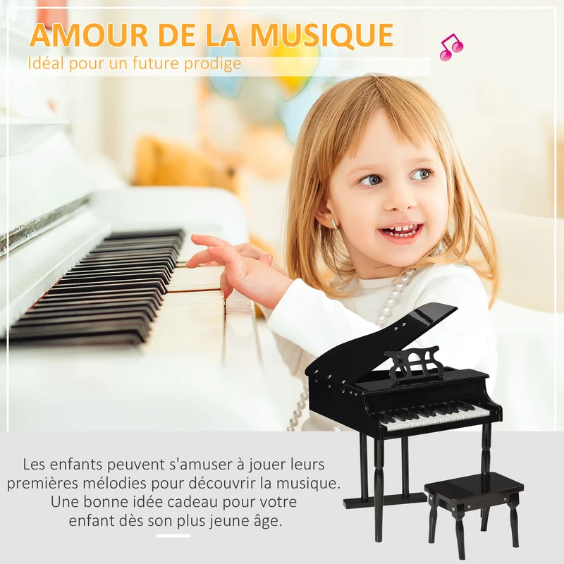 Piano à queue pour enfant 52 x 50 x 49 cm éveil musical tabouret et pupitre inclus design féminin compact en MDF noir 21_0008045