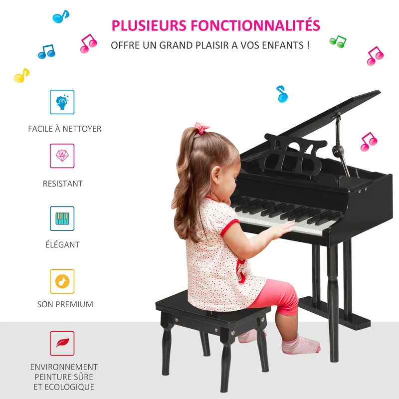 Piano à queue pour enfant 52 x 50 x 49 cm éveil musical tabouret et pupitre inclus design féminin compact en MDF noir 21_0008045