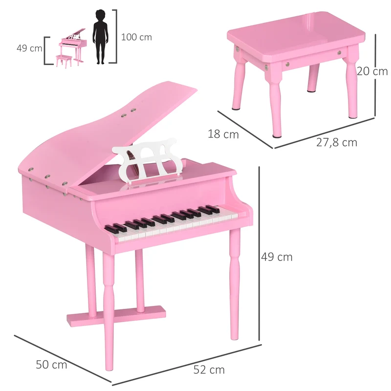 Piano à queue enfant 52 x 50 x 49 cm éveil musical apprentissage du clavier stable style enfantin décoratif en MDF rose 21_0008046
