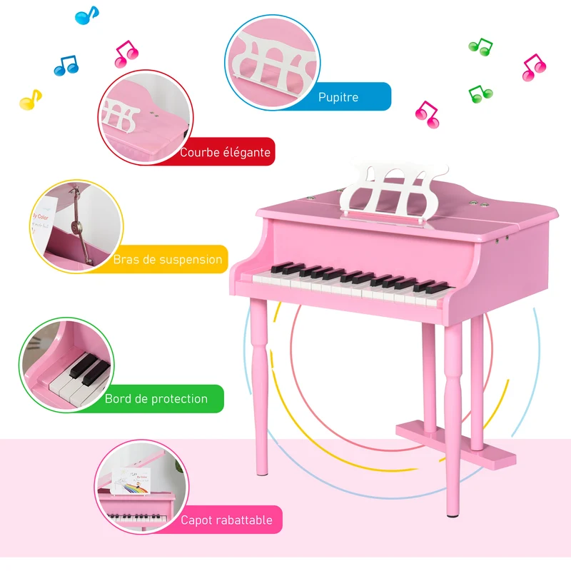 Piano à queue enfant 52 x 50 x 49 cm éveil musical apprentissage du clavier stable style enfantin décoratif en MDF rose 21_0008046