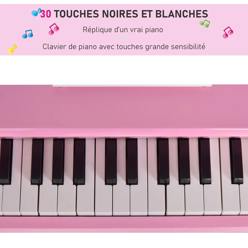 Piano à queue enfant 52 x 50 x 49 cm éveil musical apprentissage du clavier stable style enfantin décoratif en MDF rose 21_0008046
