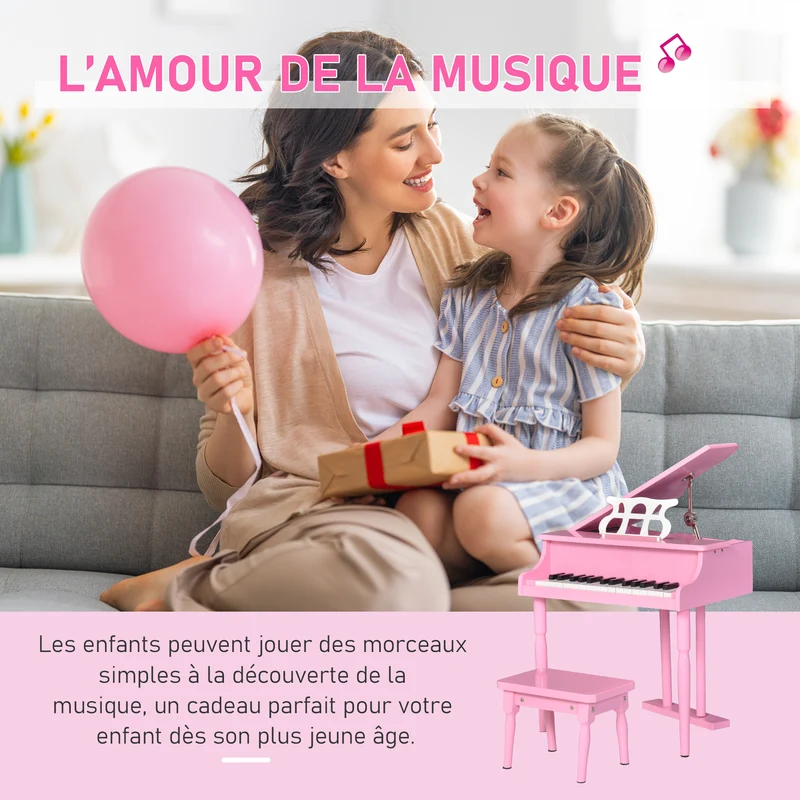 Piano à queue enfant 52 x 50 x 49 cm éveil musical apprentissage du clavier stable style enfantin décoratif en MDF rose 21_0008046