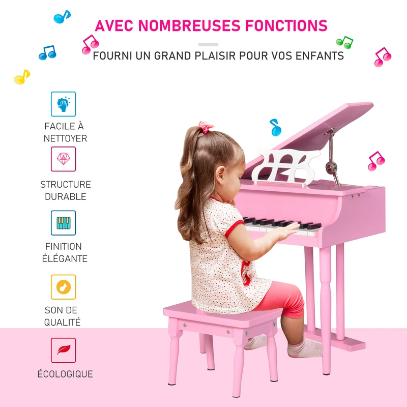 Piano à queue enfant 52 x 50 x 49 cm éveil musical apprentissage du clavier stable style enfantin décoratif en MDF rose 21_0008046