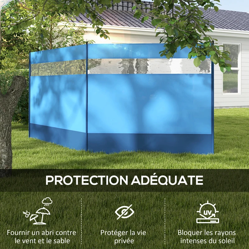 Paravent brise-vent camping 440 x 140 cm protection contre le vent avec sac installation rapide design en polyester bleu 21_0006509