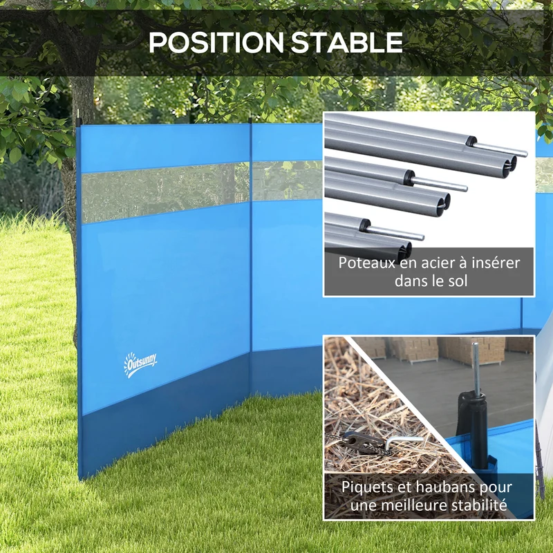 Paravent brise-vent camping 440 x 140 cm protection contre le vent avec sac installation rapide design en polyester bleu 21_0006509