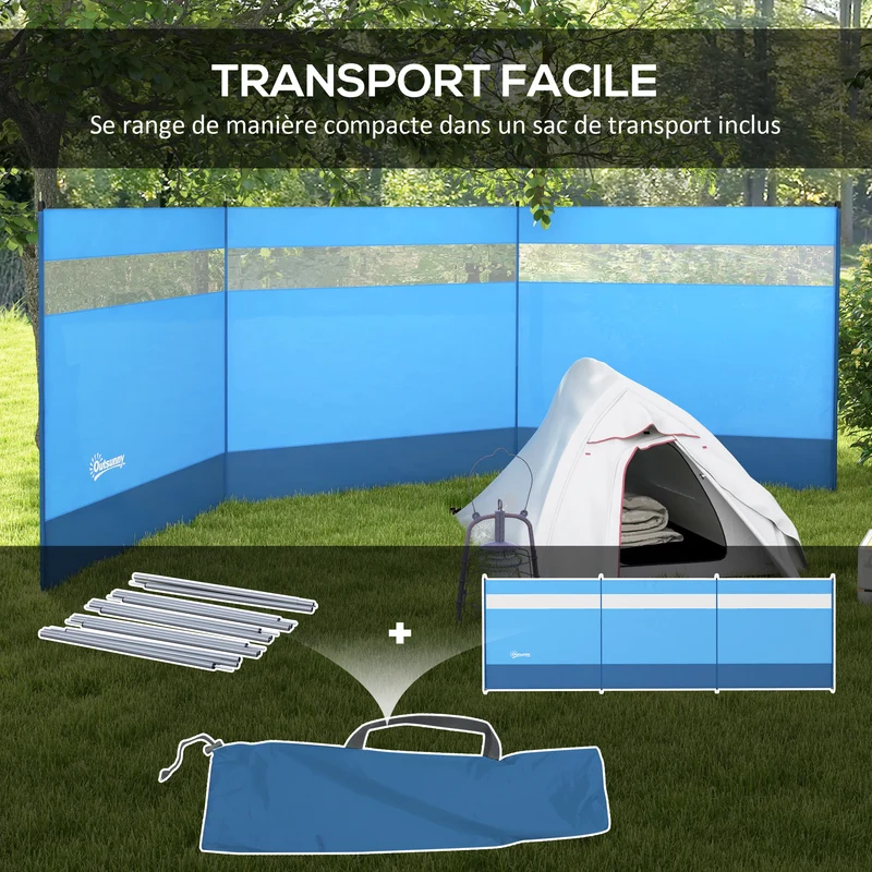 Paravent brise-vent camping 440 x 140 cm protection contre le vent avec sac installation rapide design en polyester bleu 21_0006509