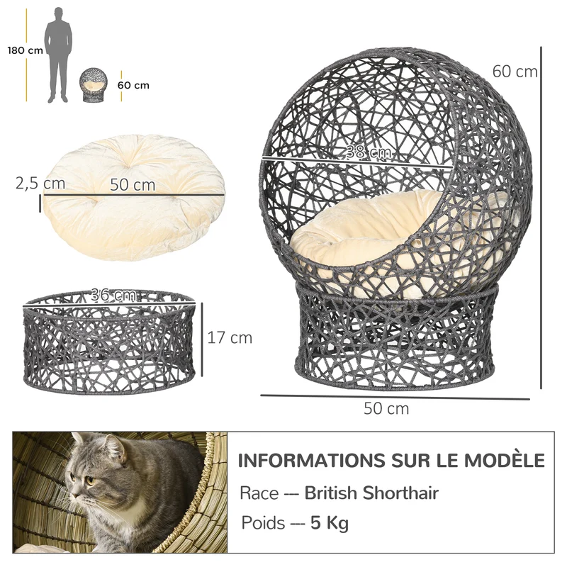 Panier pour chat surélevé niche nid cosy sécurisé 50 x 50 x 60 cm coussin moelleux stable tressé moderne en acier violet 21_0007618